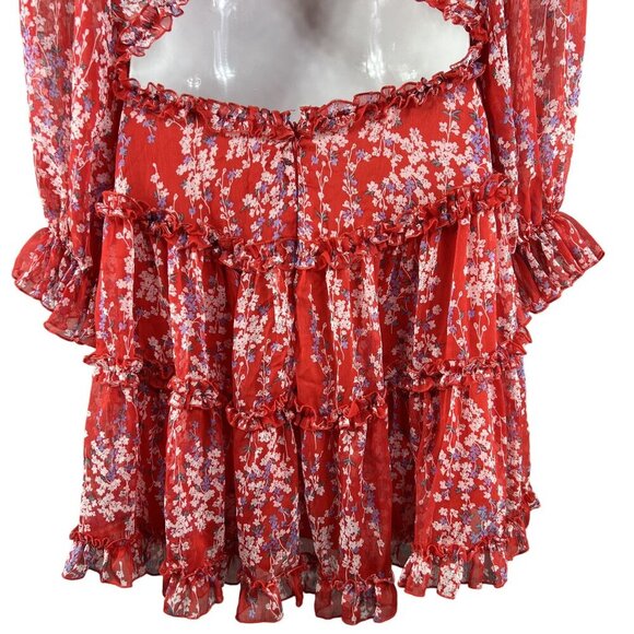 Selfie XL NWT Floral Open Back Ruffle Chiffon Dress Red Long Sleeve Deep V Neck - Picture 8 of 16